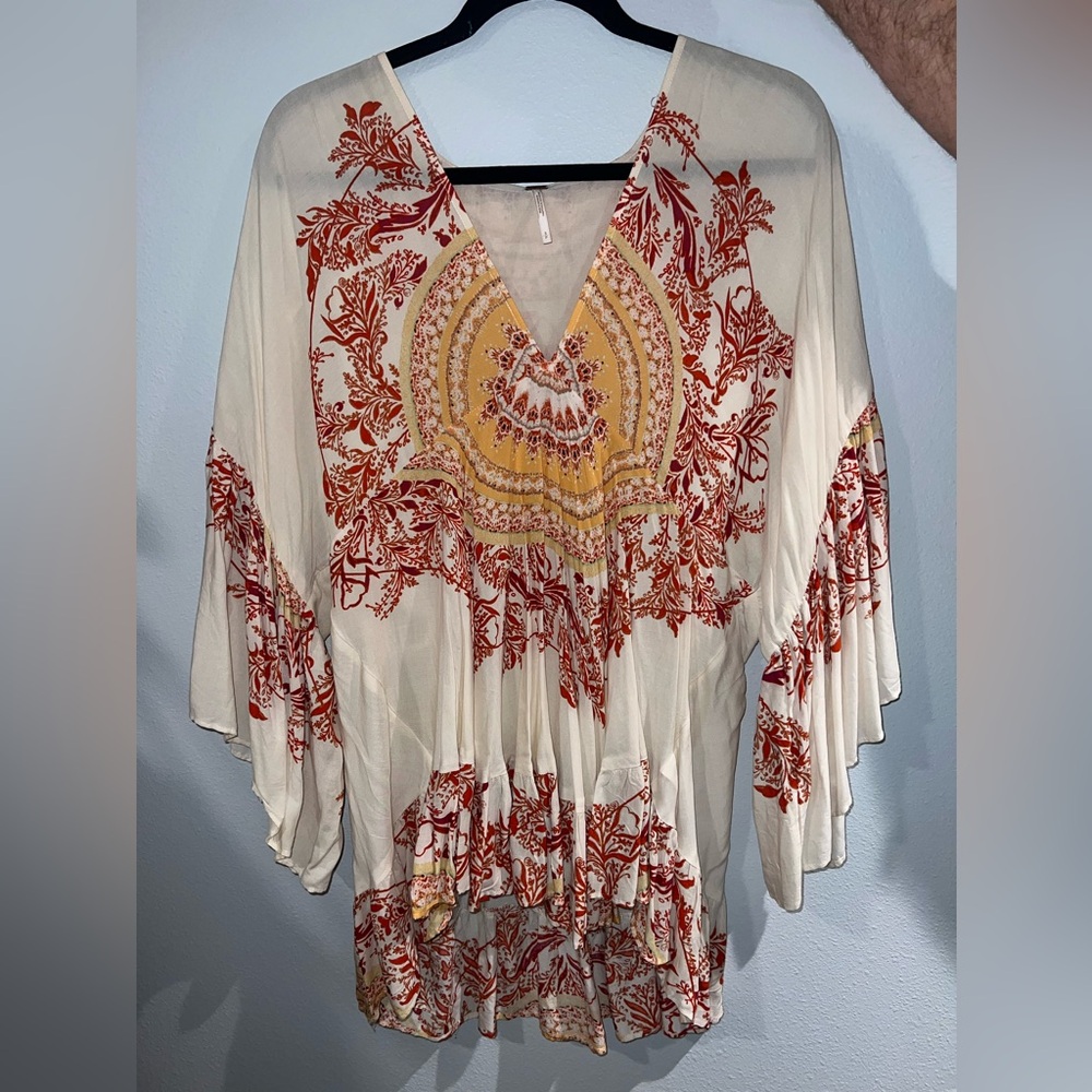 Free People Blouse Women White Orange Tunic Sunset Dreams Bell Sleeve